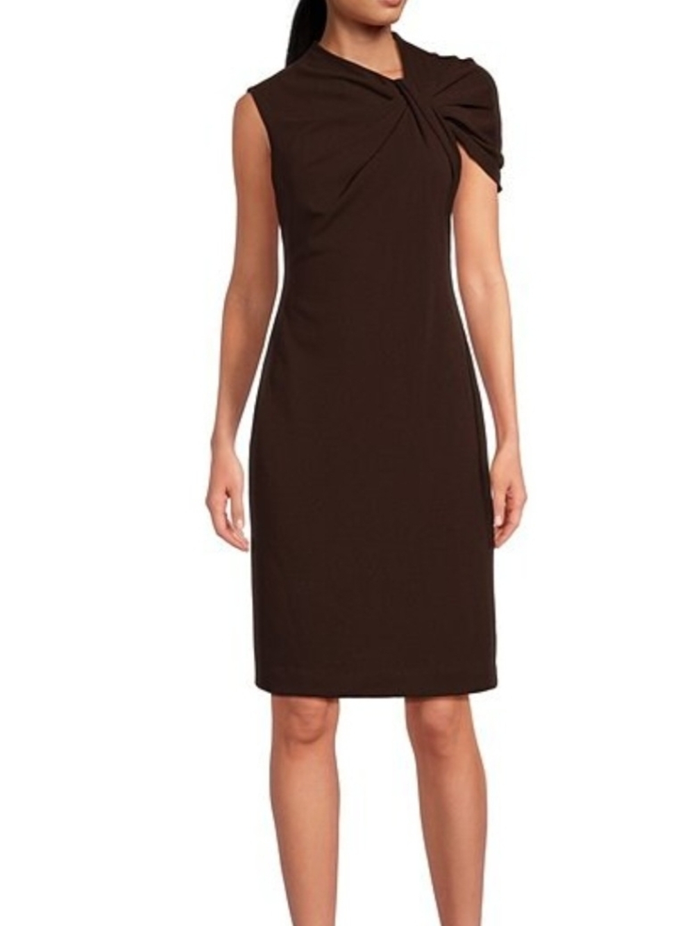 Trina Turk Brown Twist-Shoulder Midi Sheath Dress